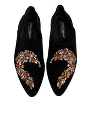 Dolce & Gabbana Black Velvet Embellished Loafer Slip On Shoes - EU43/US10 - Flats