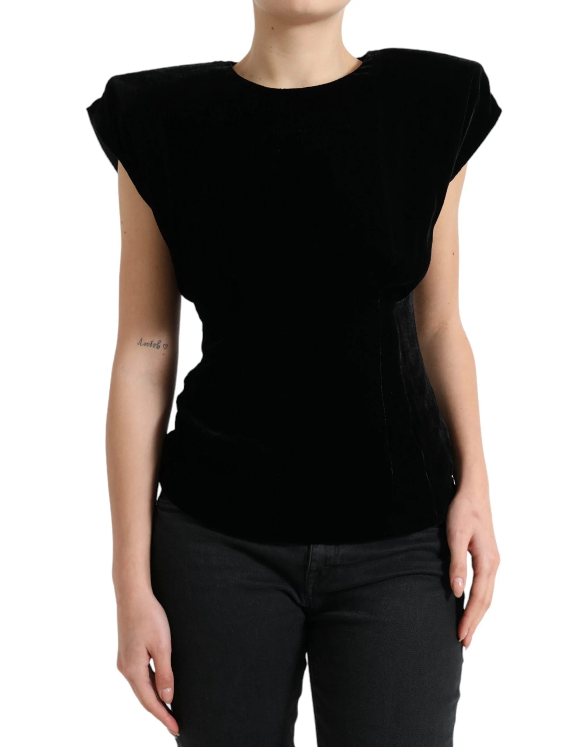 Dolce & Gabbana Black Velvet Fitted Padded Shoulder Blouse Top - Blouses