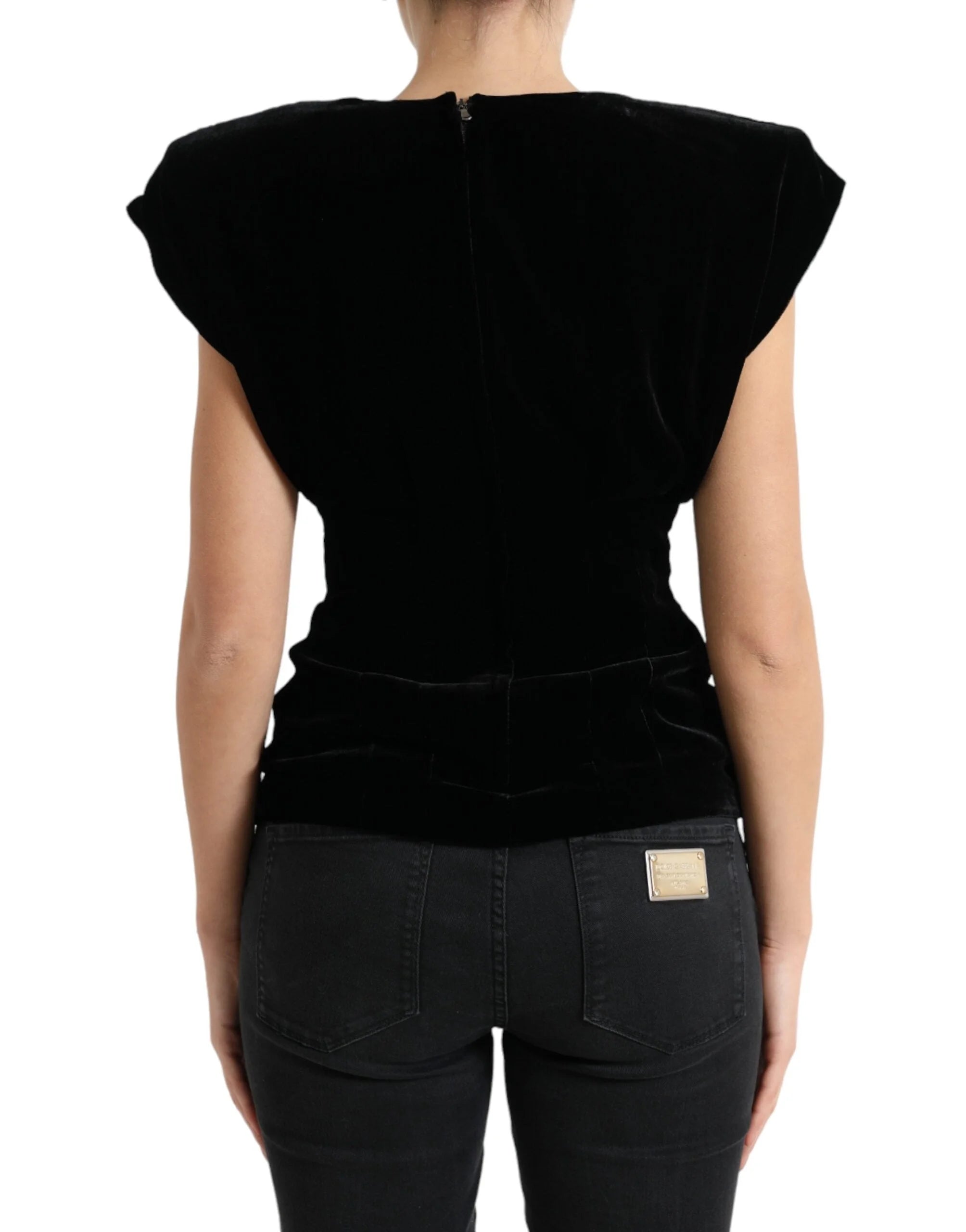 Dolce & Gabbana Black Velvet Fitted Padded Shoulder Blouse Top - Blouses