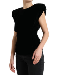 Dolce & Gabbana Black Velvet Fitted Padded Shoulder Blouse Top - Blouses