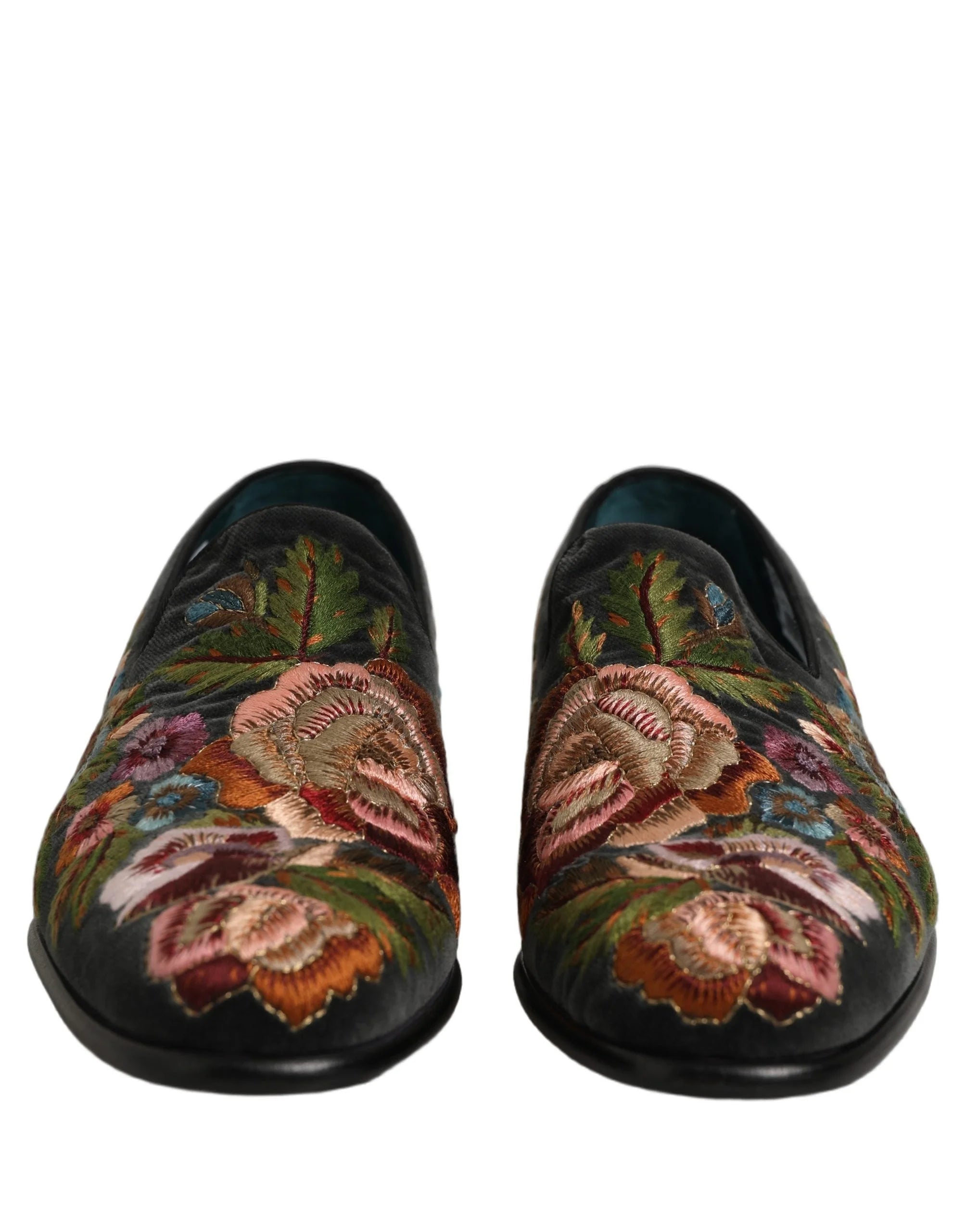 Dolce & Gabbana Black Velvet Floral Embroidery Loafers Shoes - EU43/US10