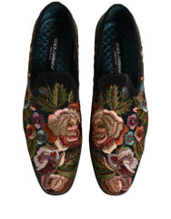 Dolce & Gabbana Black Velvet Floral Embroidery Loafers Shoes - EU43/US10