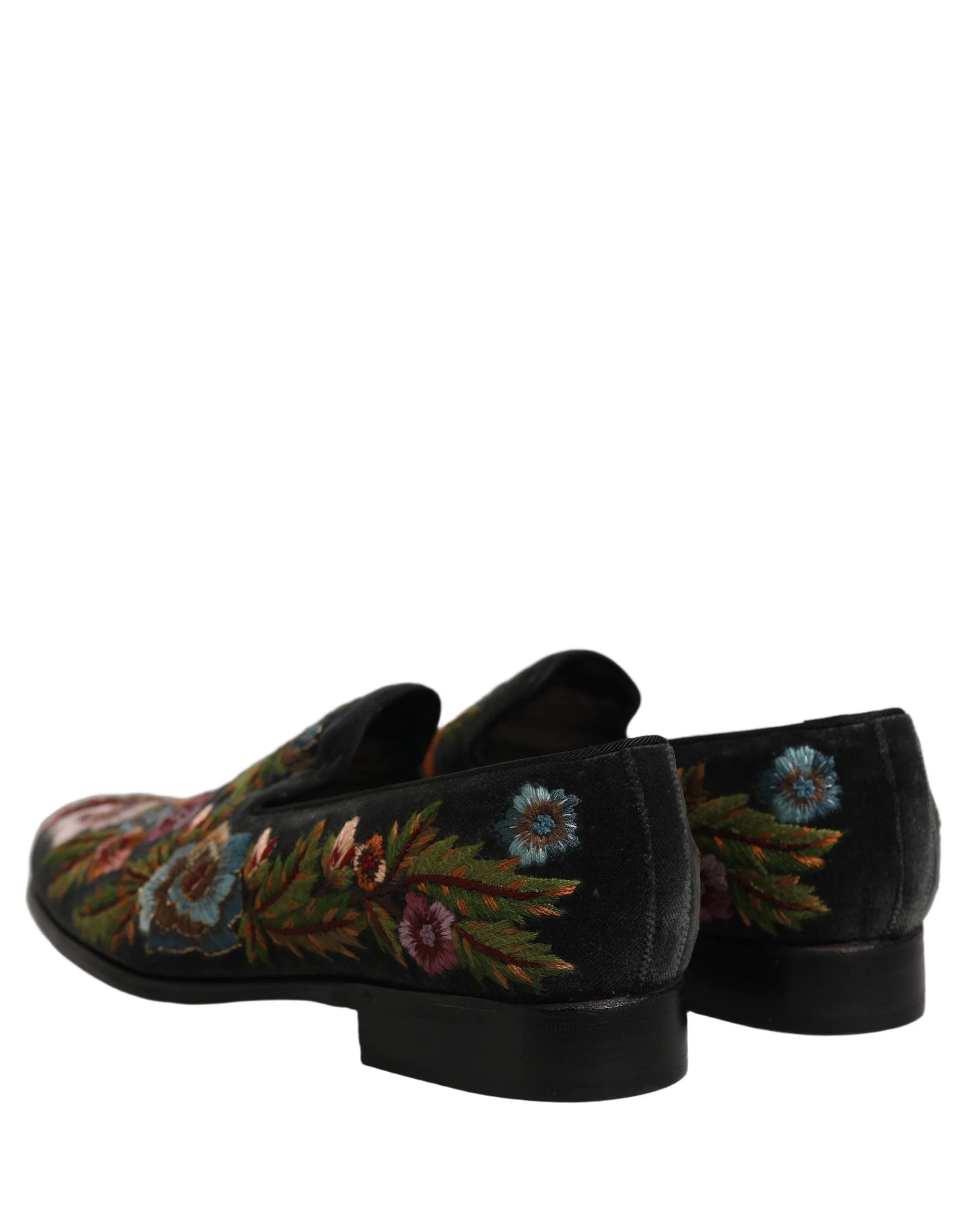Dolce & Gabbana Black Velvet Floral Embroidery Loafers Shoes - EU43/US10