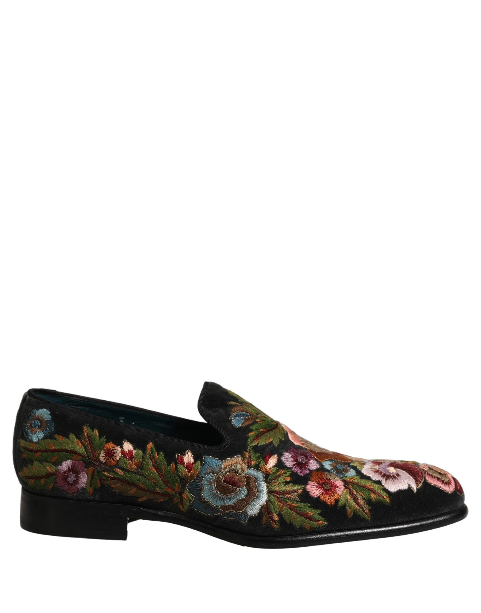 Dolce & Gabbana Black Velvet Floral Embroidery Loafers Shoes - EU43/US10
