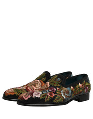Dolce & Gabbana Black Velvet Floral Embroidery Loafers Shoes - EU43/US10