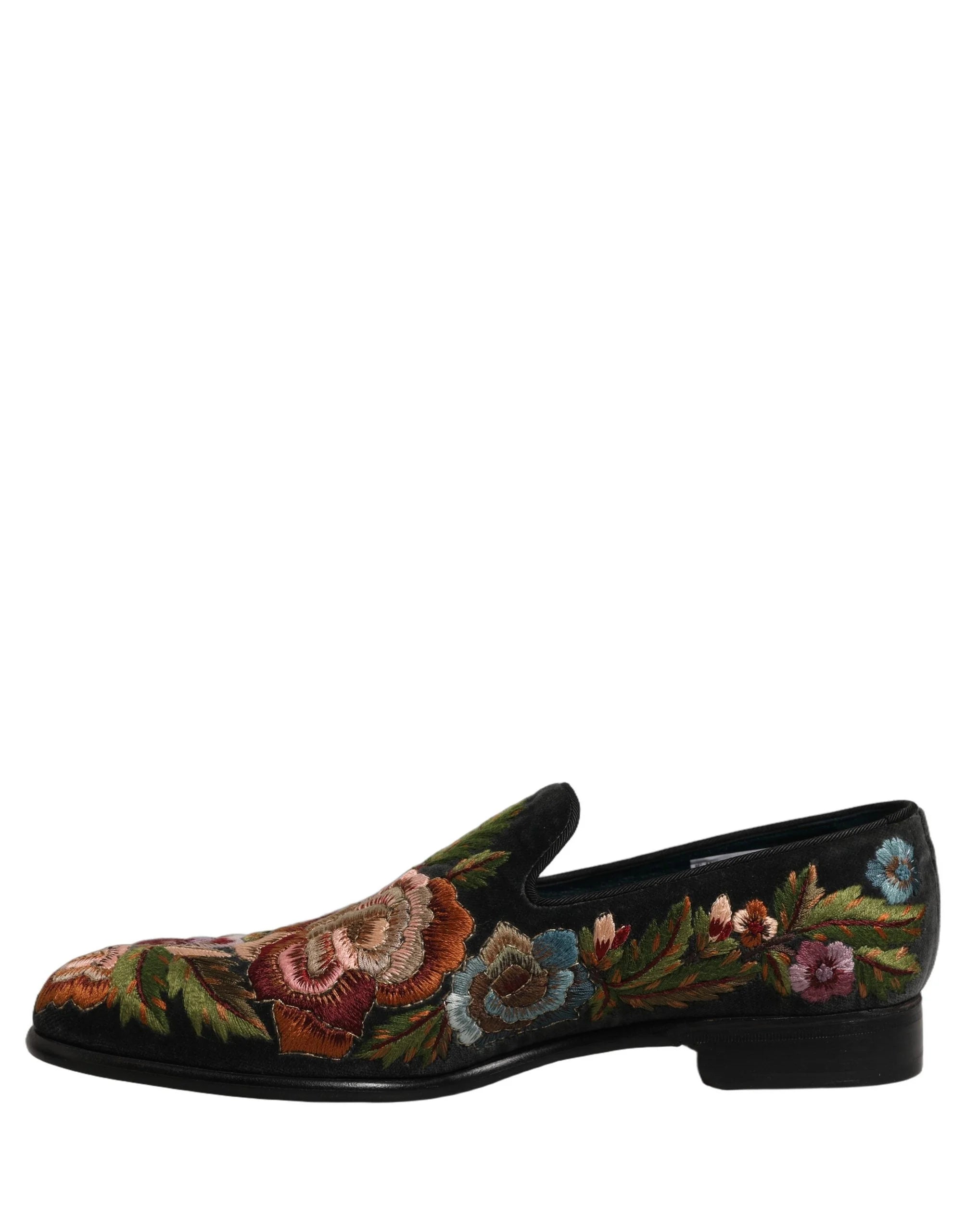 Dolce & Gabbana Black Velvet Floral Embroidery Loafers Shoes - EU43/US10