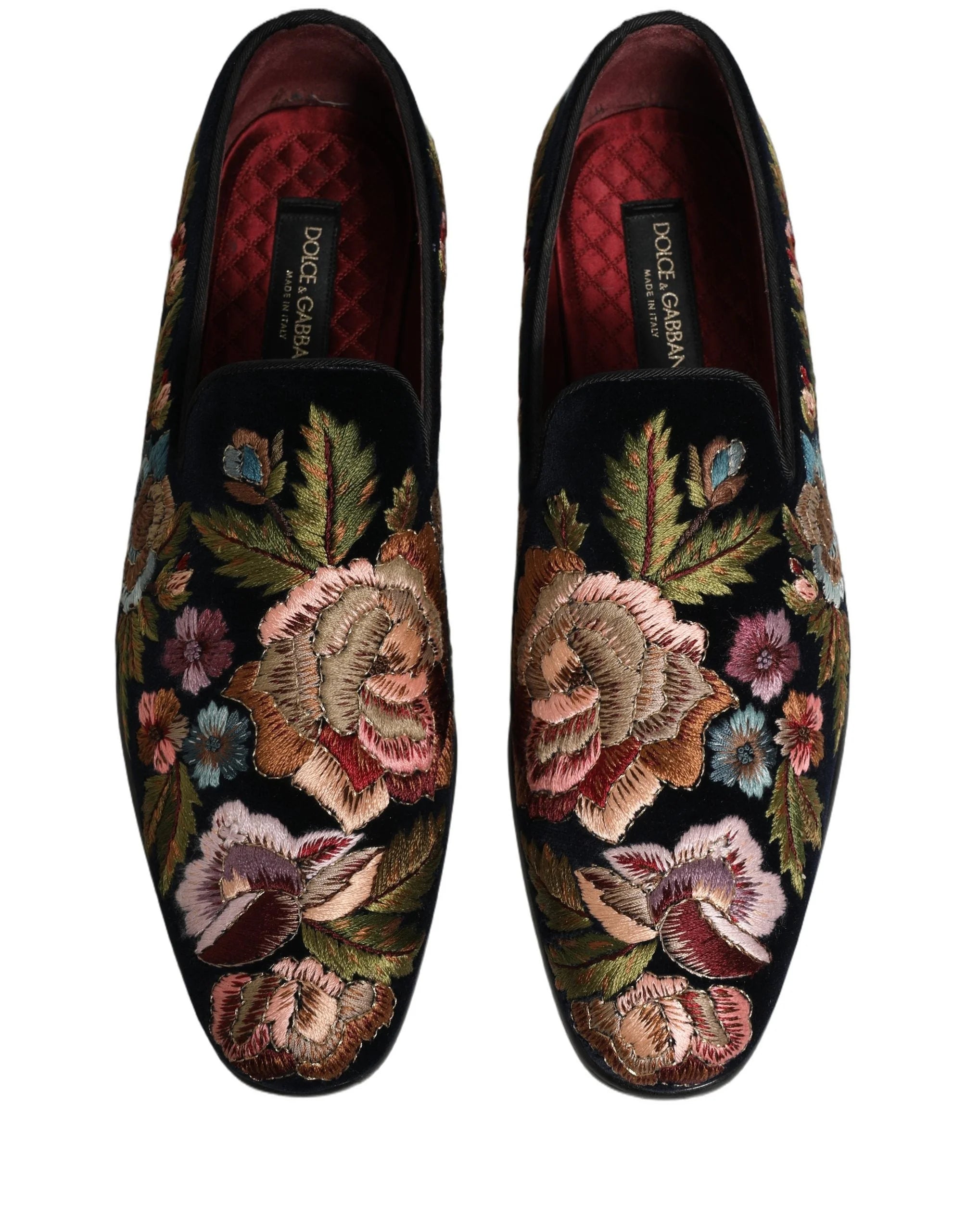 Dolce & Gabbana Black Velvet Floral Embroidery Loafers Shoes - EU44/US11
