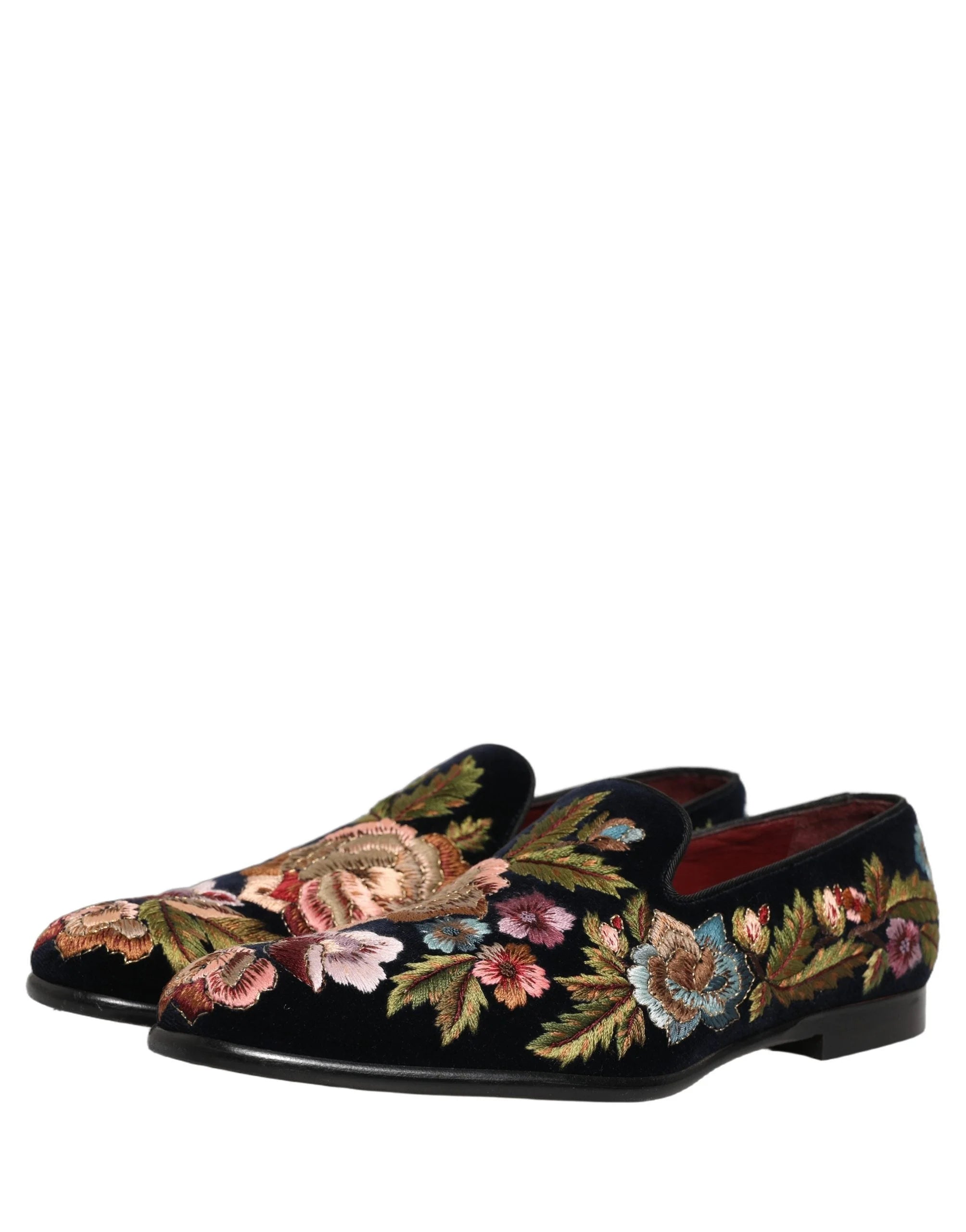 Dolce & Gabbana Black Velvet Floral Embroidery Loafers Shoes - EU44/US11