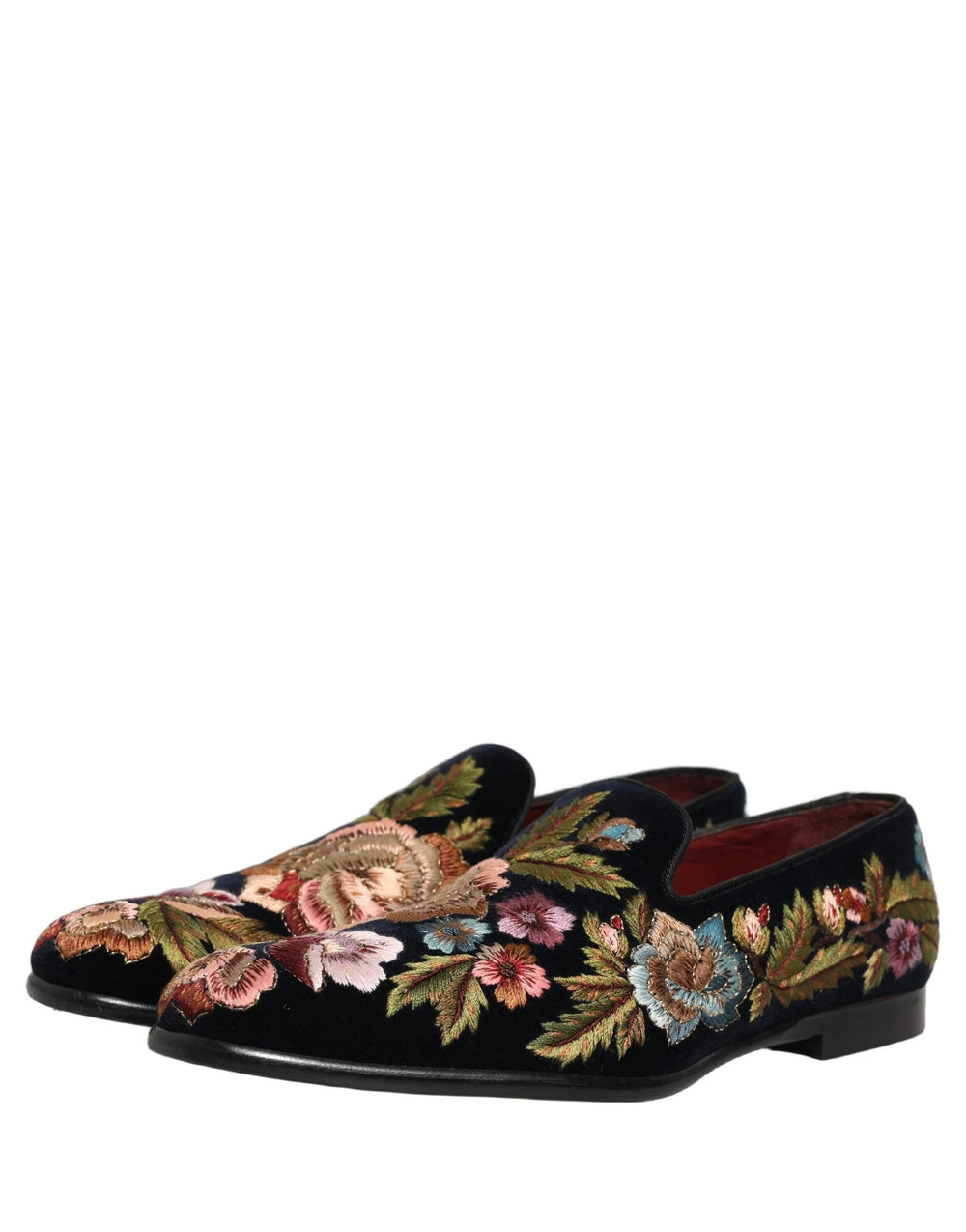 Dolce & Gabbana Black Velvet Floral Embroidery Loafers Shoes - EU44/US11