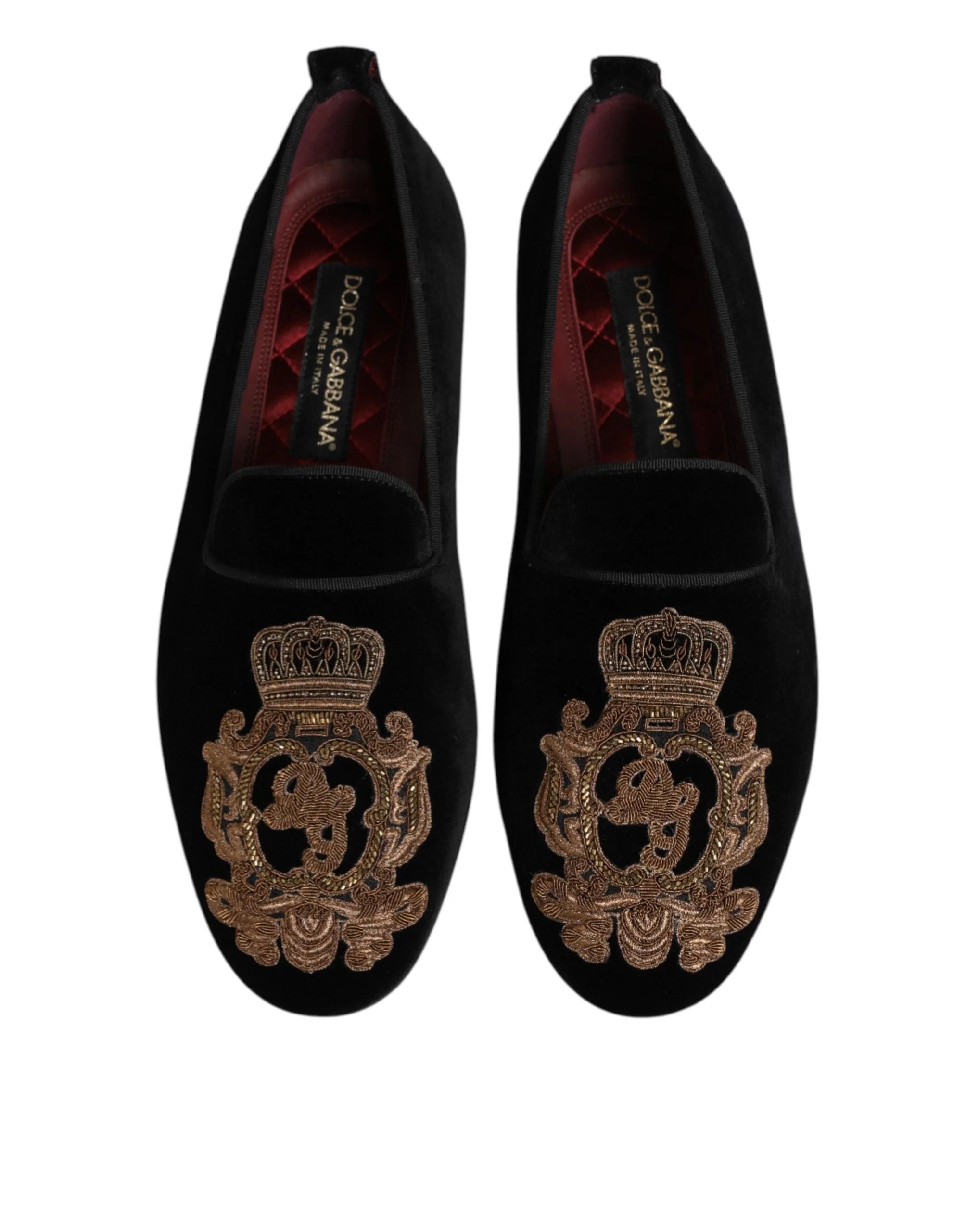 Dolce & Gabbana Black Velvet Gold Crown Mens Loafers Shoes - EU 40 | US 7 - Flats