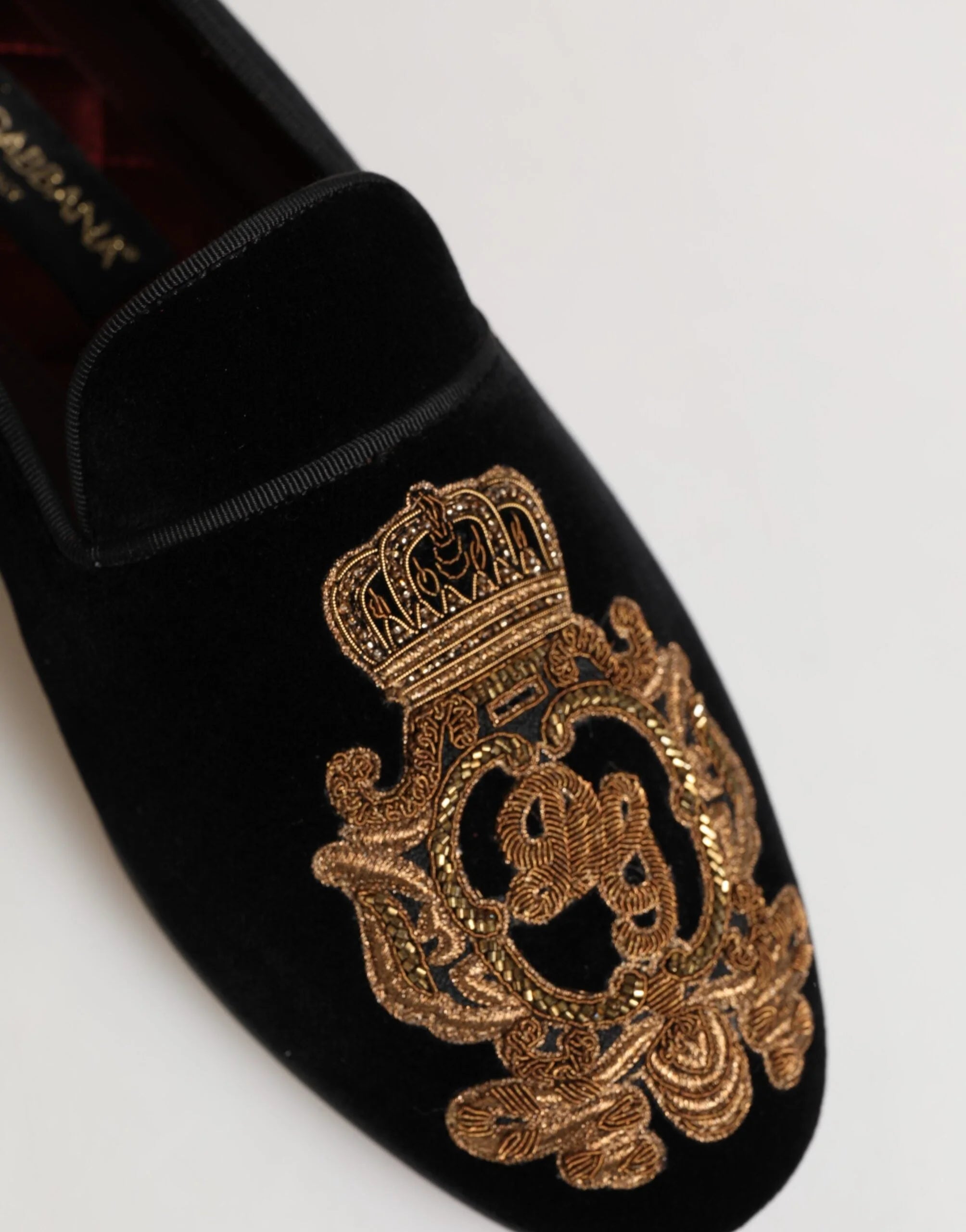 Dolce & Gabbana Black Velvet Gold Crown Mens Loafers Shoes - EU 40 | US 7 - Flats