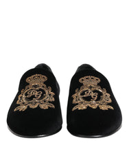 Dolce & Gabbana Black Velvet Gold Crown Mens Loafers Shoes - EU40/US7