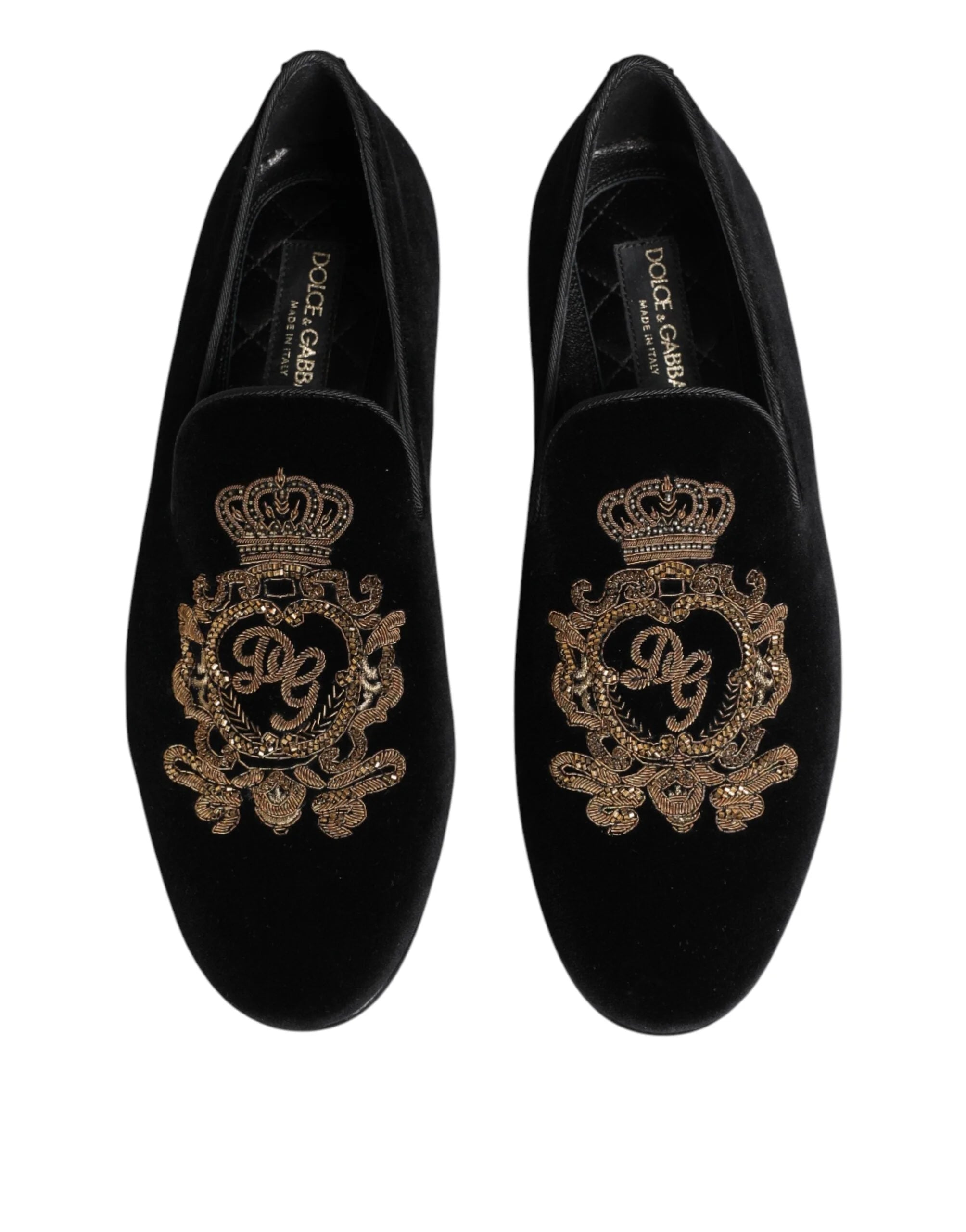 Dolce & Gabbana Black Velvet Gold Crown Mens Loafers Shoes - EU40/US7