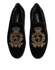 Dolce & Gabbana Black Velvet Gold Crown Mens Loafers Shoes - EU40/US7