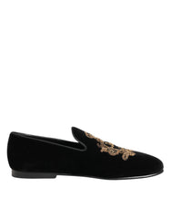 Dolce & Gabbana Black Velvet Gold Crown Mens Loafers Shoes - EU40/US7