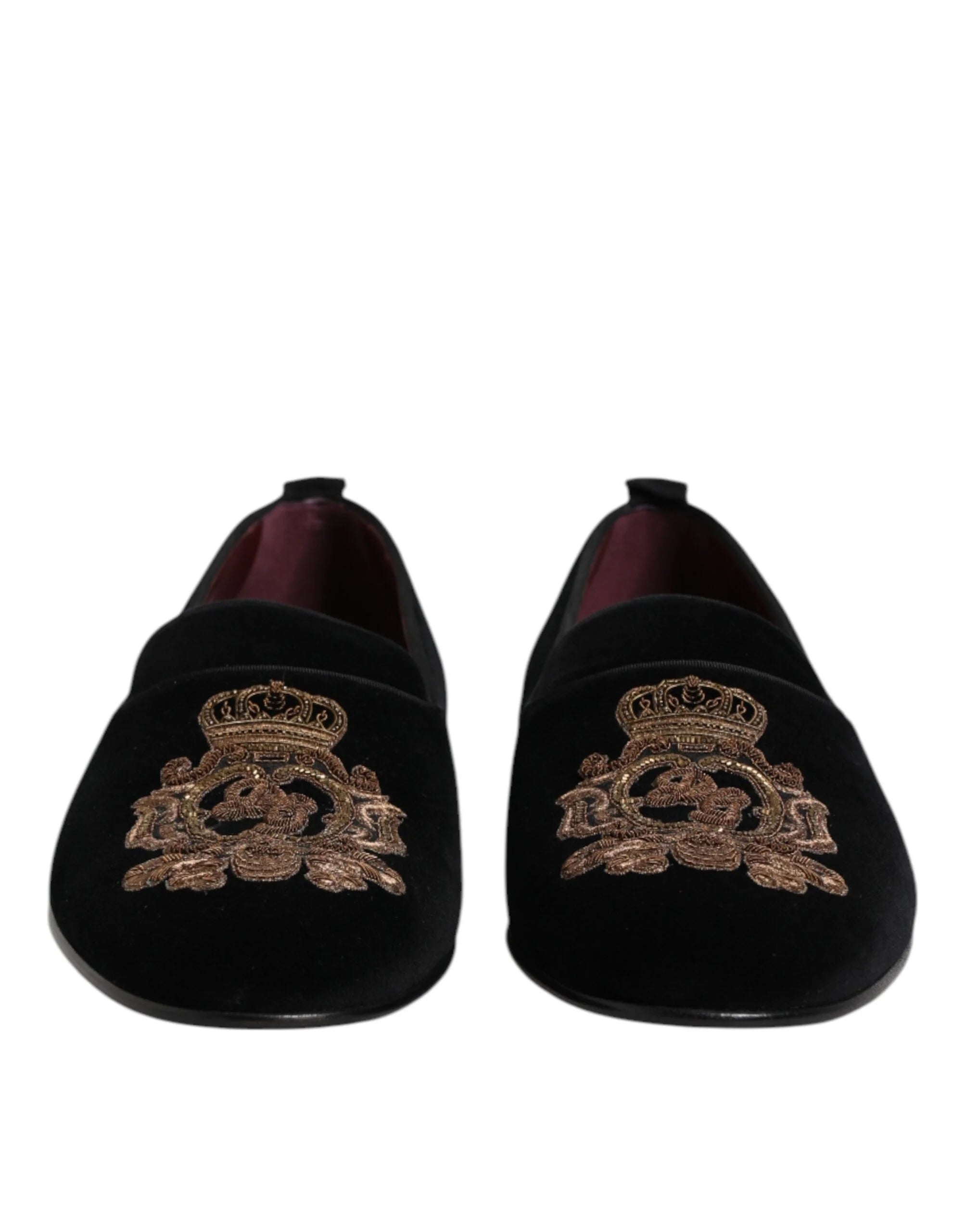 Dolce & Gabbana Black Velvet Gold Crown Mens Loafers Shoes - EU48/US15