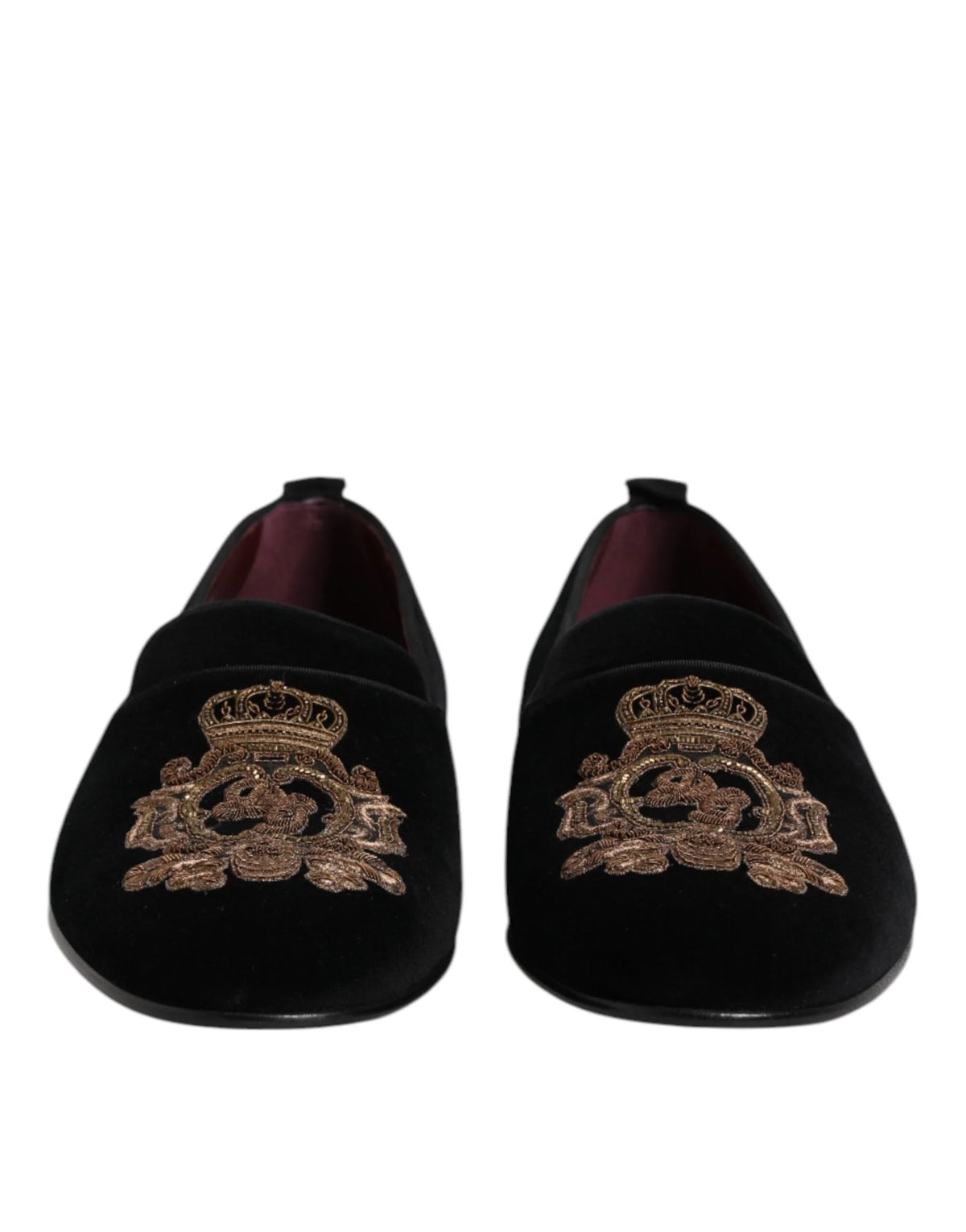 Dolce & Gabbana Black Velvet Gold Crown Mens Loafers Shoes - EU48/US15