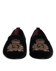 Dolce & Gabbana Black Velvet Gold Crown Mens Loafers Shoes - EU48/US15