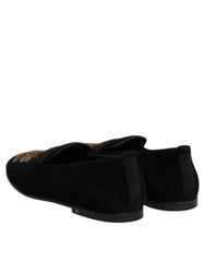 Dolce & Gabbana Black Velvet Gold Crown Mens Loafers Shoes - EU48/US15