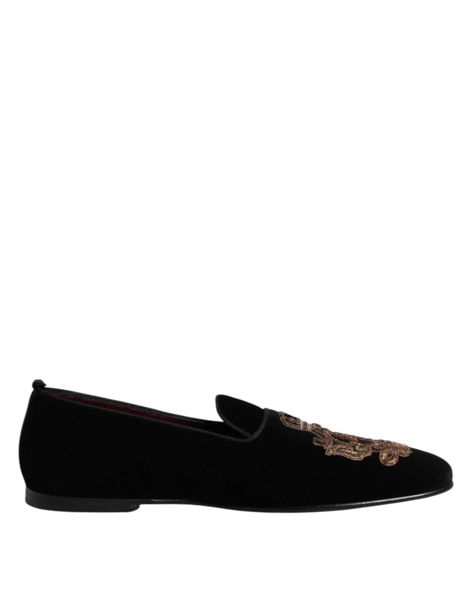 Dolce & Gabbana Black Velvet Gold Crown Mens Loafers Shoes - EU48/US15
