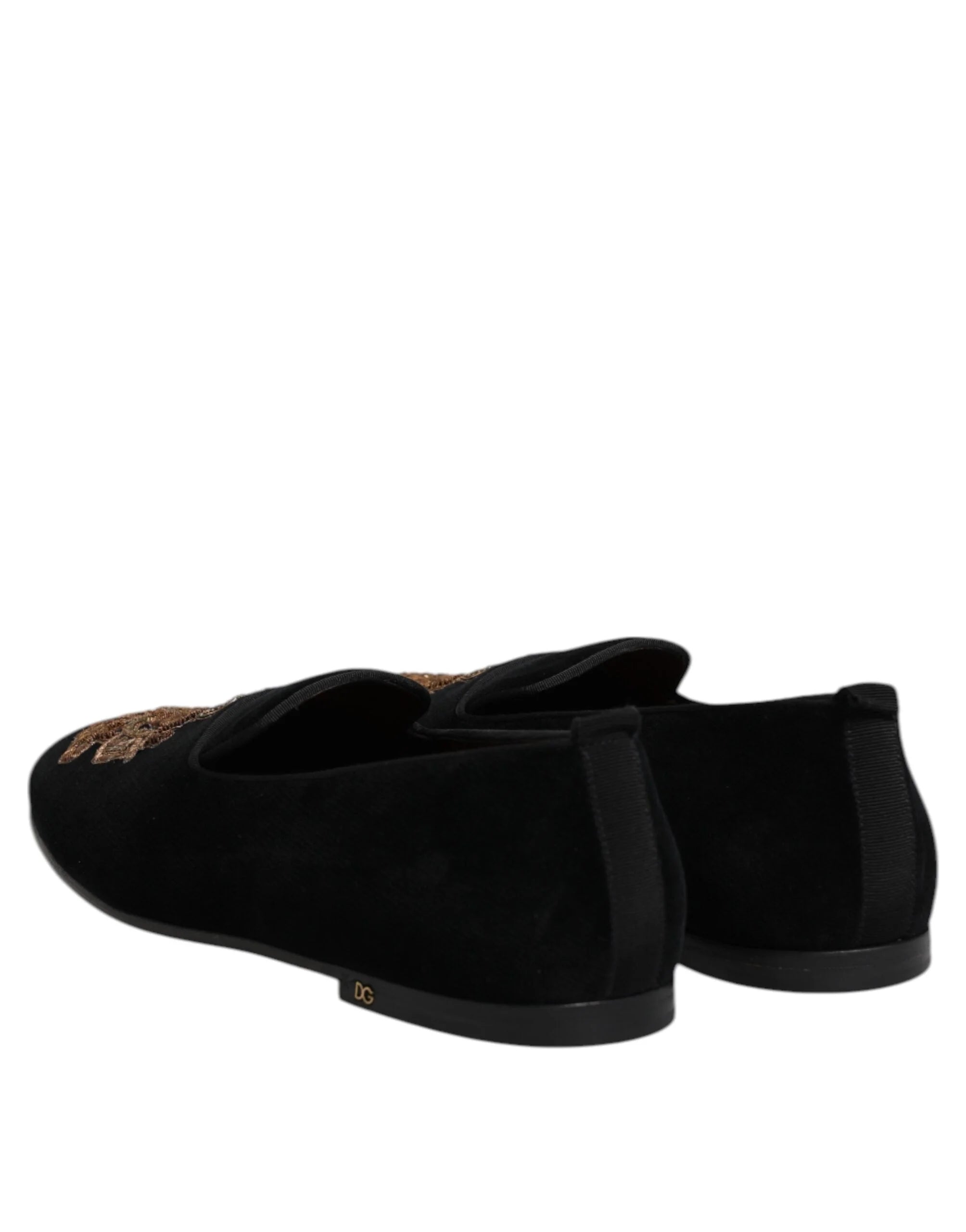 Dolce & Gabbana Black Velvet Gold Crown Mens Loafers Shoes - EU48/US15 - Flats