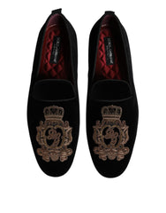 Dolce & Gabbana Black Velvet Gold Crown Mens Loafers Shoes - EU48/US15