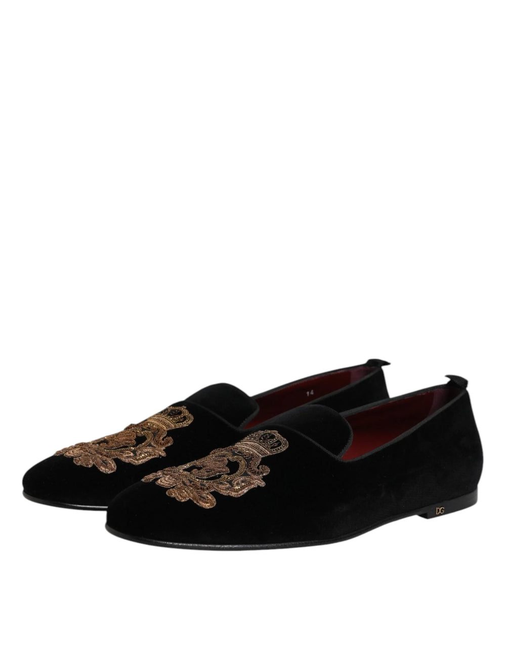 Dolce & Gabbana Black Velvet Gold Crown Mens Loafers Shoes - EU48/US15