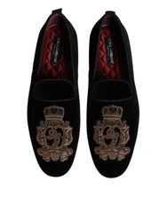 Dolce & Gabbana Black Velvet Gold Crown Mens Loafers Shoes - EU48/US15 - Flats