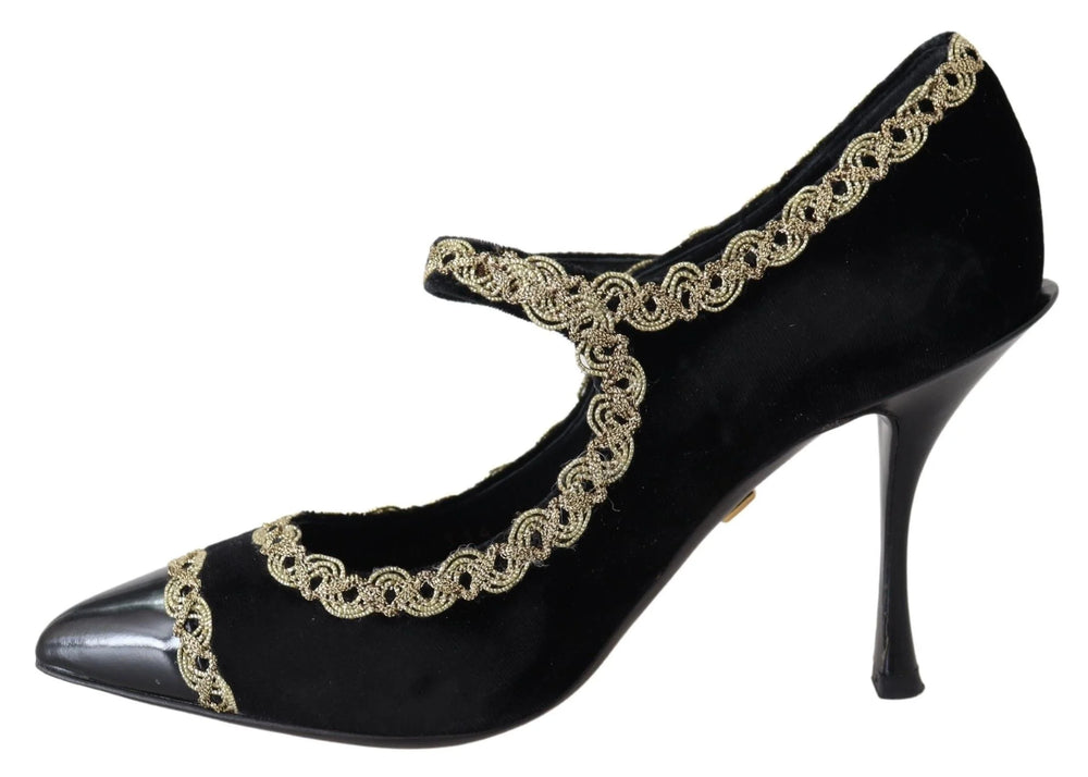 Dolce & Gabbana Black Velvet Gold Mary Janes Pumps - EU35/US4.5 - Heels