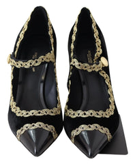 Dolce & Gabbana Black Velvet Gold Mary Janes Pumps - EU35/US4.5 - Heels