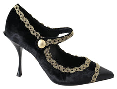 Dolce & Gabbana Black Velvet Gold Mary Janes Pumps - EU35/US4.5 - Heels
