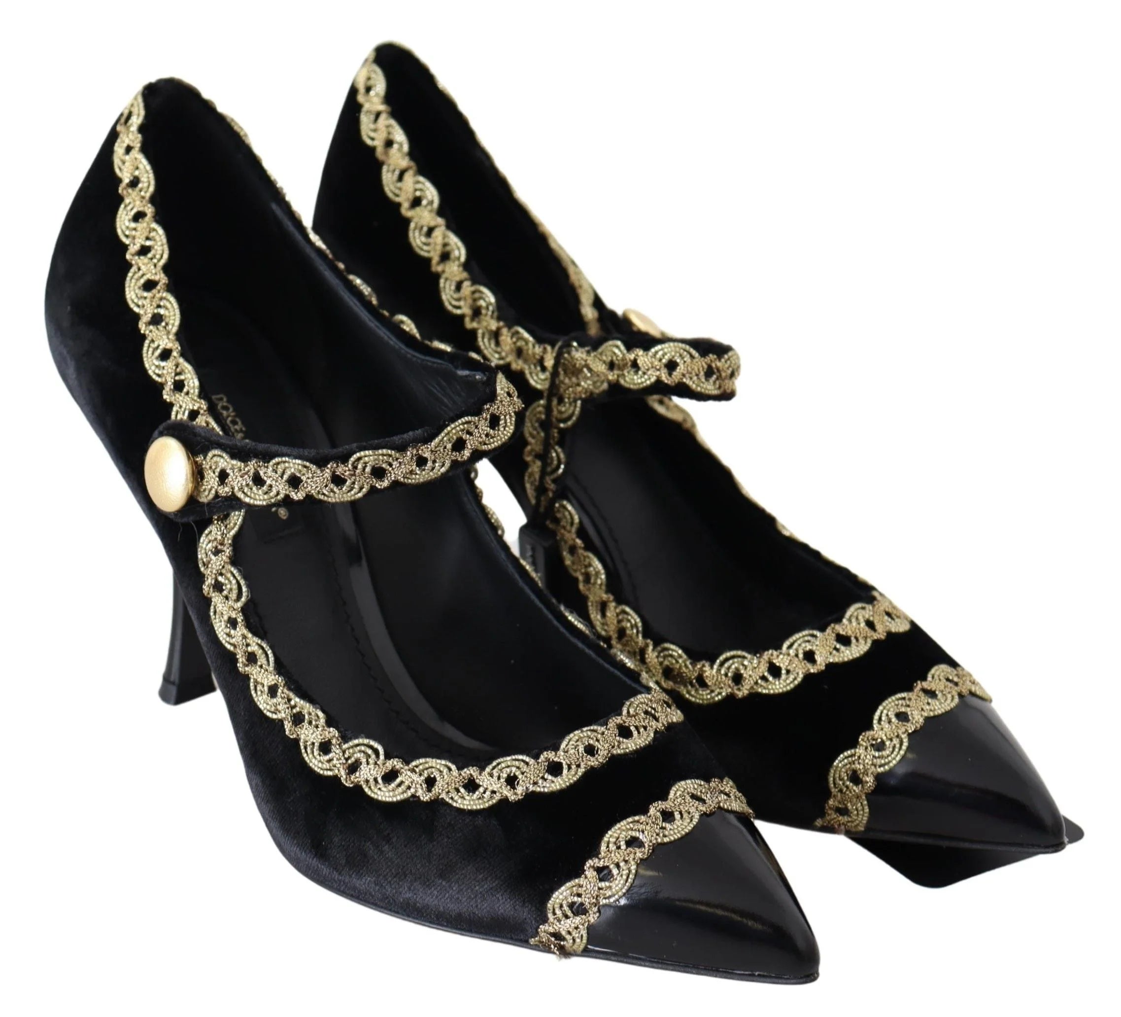 Dolce & Gabbana Black Velvet Gold Mary Janes Pumps - EU35/US4.5 - Heels