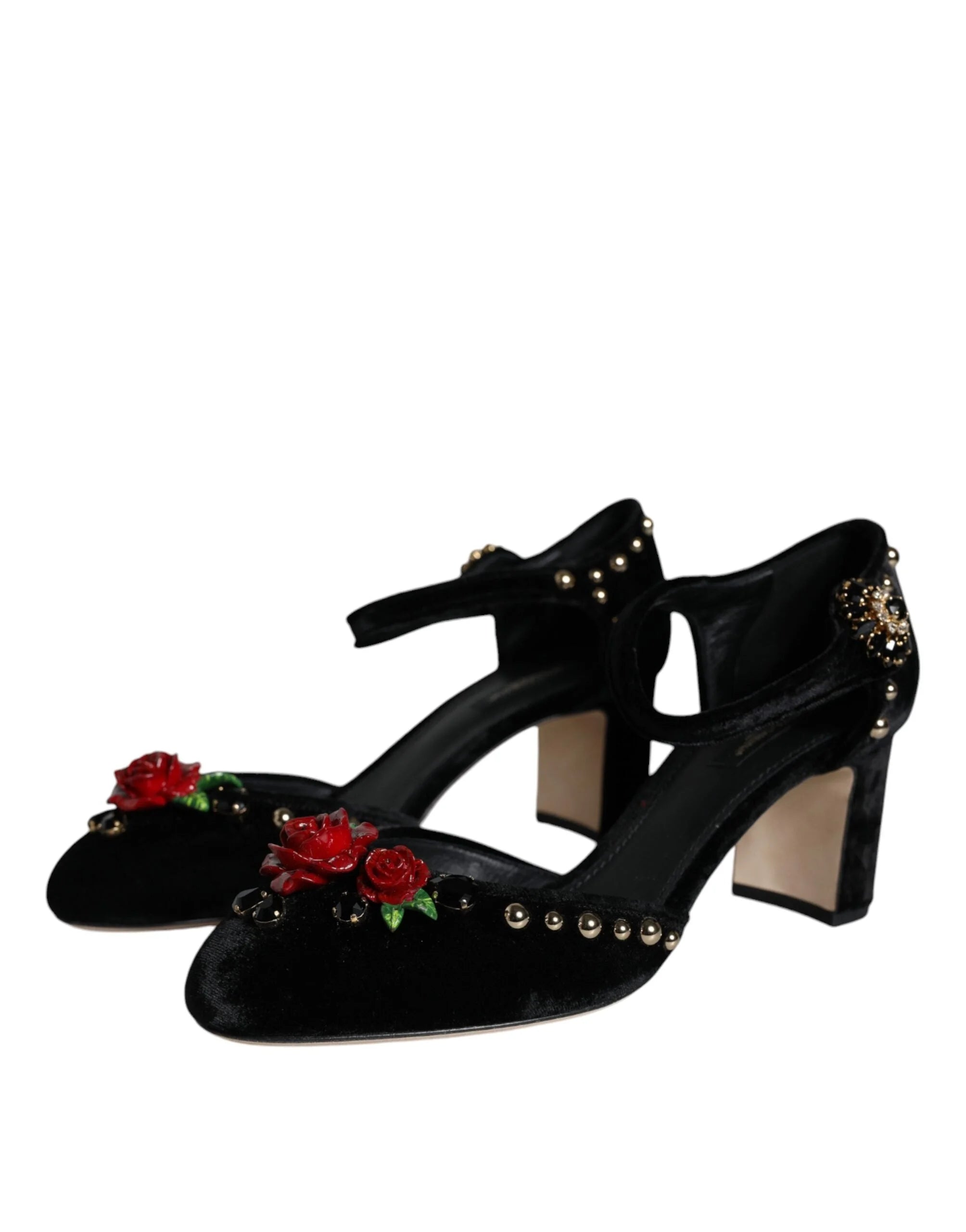 Dolce & Gabbana Black Velvet Roses Ankle Strap Pumps Shoes - EU37/US7 - Heels