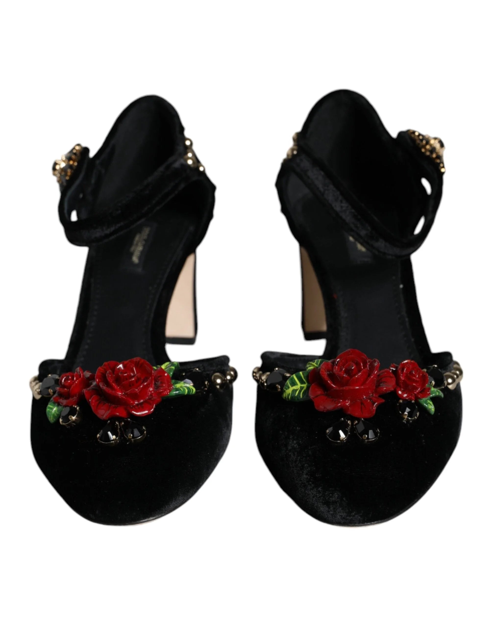 Dolce & Gabbana Black Velvet Roses Ankle Strap Pumps Shoes - EU37/US7 - Heels