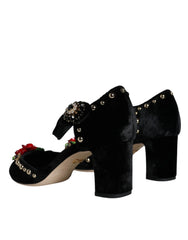 Dolce & Gabbana Black Velvet Roses Ankle Strap Pumps Shoes - EU37/US7 - Heels