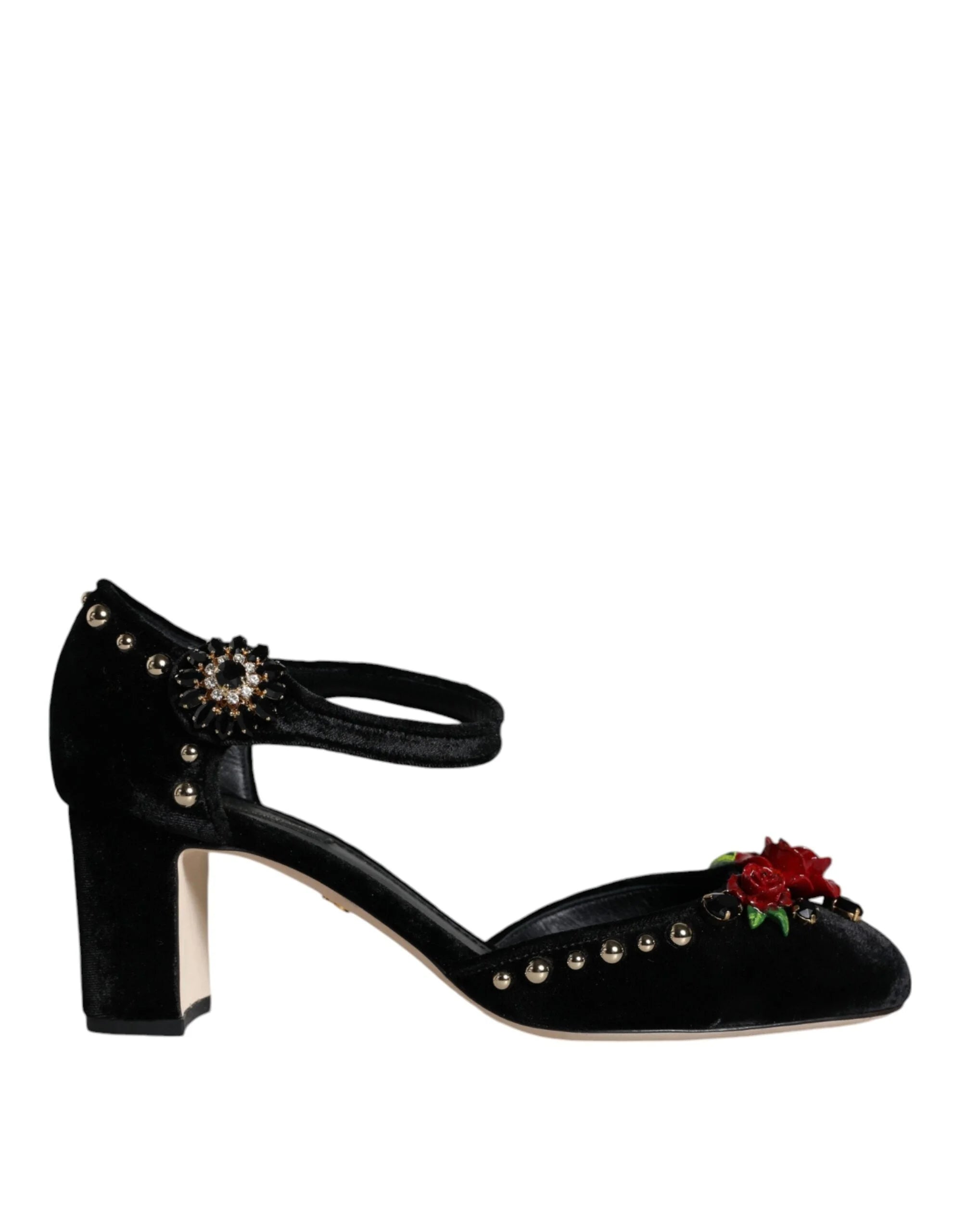Dolce & Gabbana Black Velvet Roses Ankle Strap Pumps Shoes - EU37/US7 - Heels