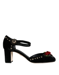 Dolce & Gabbana Black Velvet Roses Ankle Strap Pumps Shoes - EU37/US7 - Heels