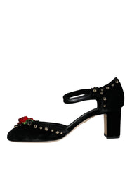 Dolce & Gabbana Black Velvet Roses Ankle Strap Pumps Shoes - EU37/US7