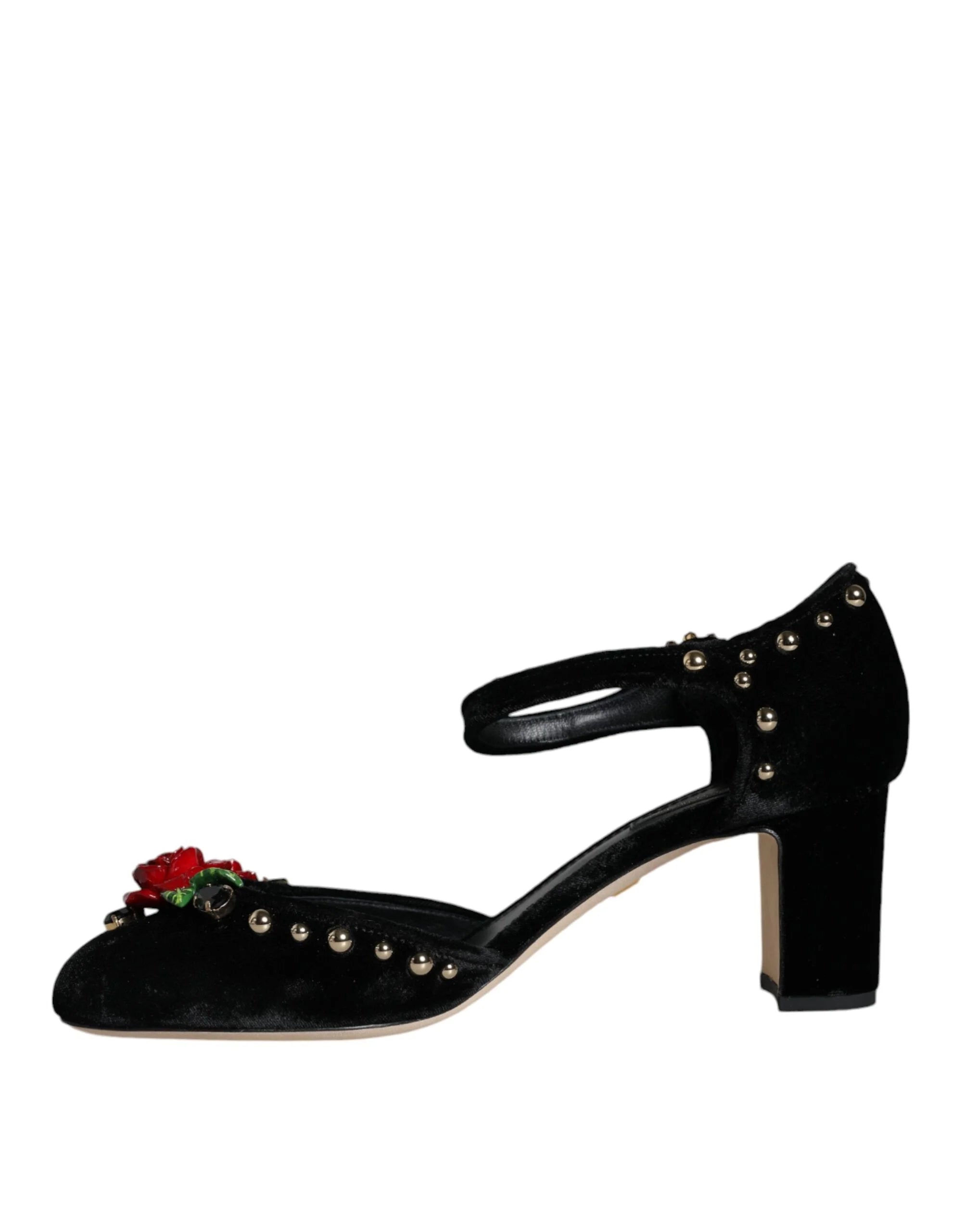 Dolce & Gabbana Black Velvet Roses Ankle Strap Pumps Shoes - EU37/US7 - Heels