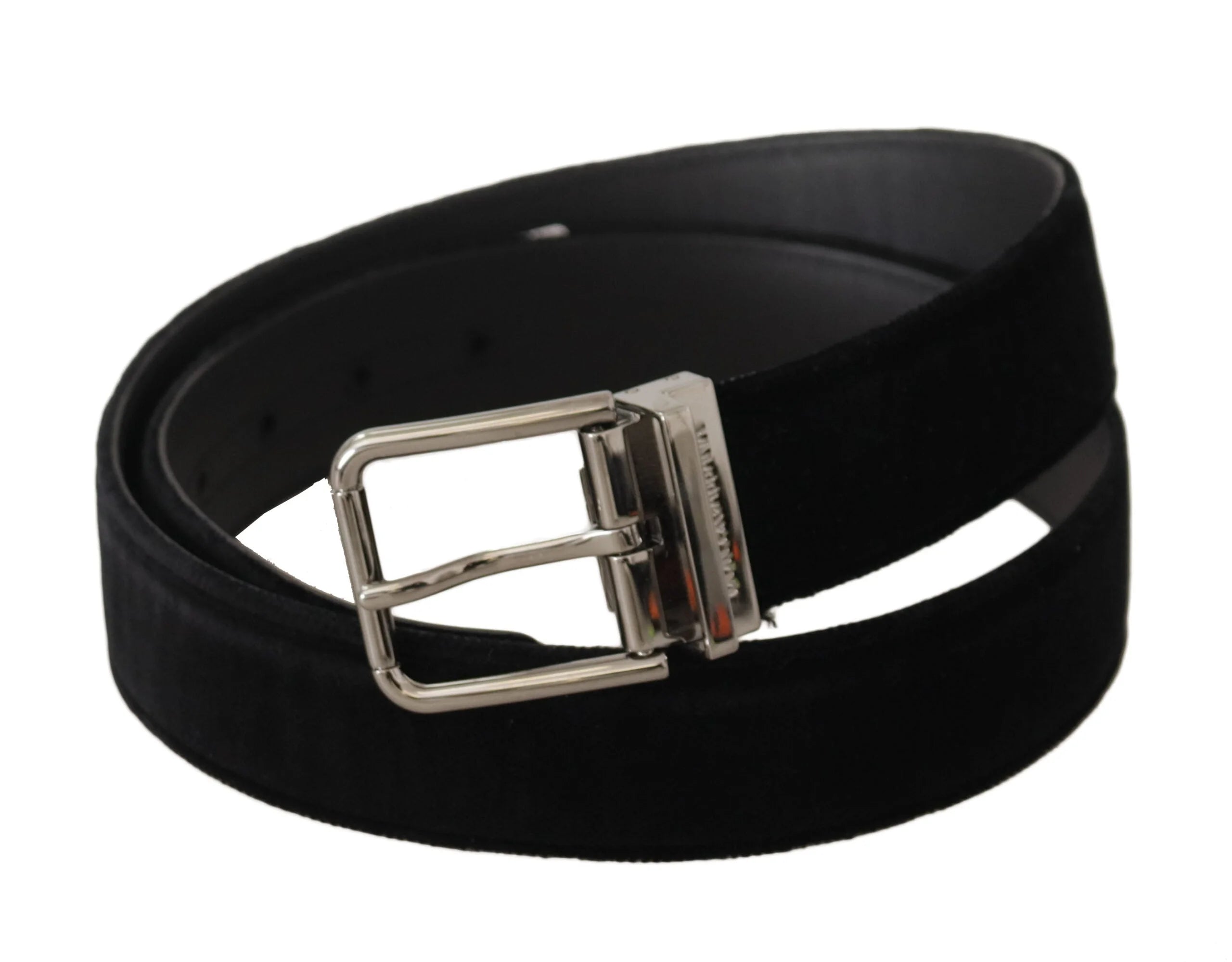 Dolce & Gabbana Black Velvet Silver Logo Engraved Metal Buckle Belt - 90 cm / 36 Inches - Belts