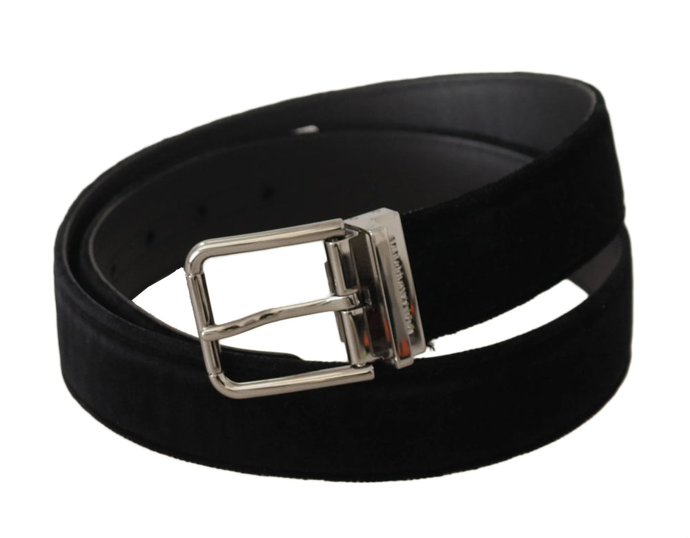 Dolce & Gabbana Black Velvet Silver Logo Engraved Metal Buckle Belt - 90 cm / 36 Inches - Belts