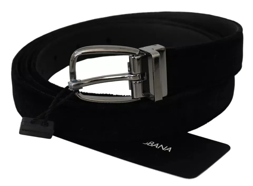 Dolce & Gabbana Black Velvet Silver Tone Metal Buckle Men Belt - 115 cm / 46 Inches - Belts