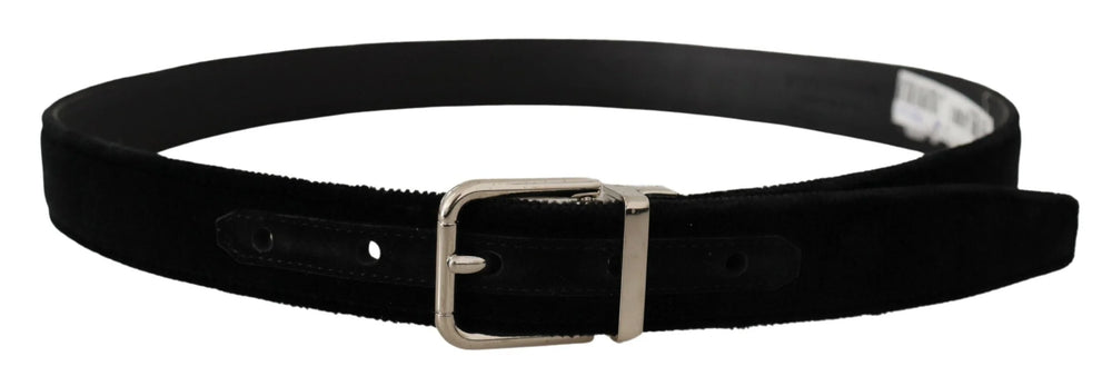 Dolce & Gabbana Black Velvet Silver Tone Metal Logo Buckle Belt - 80 cm / 32 Inches - Belts