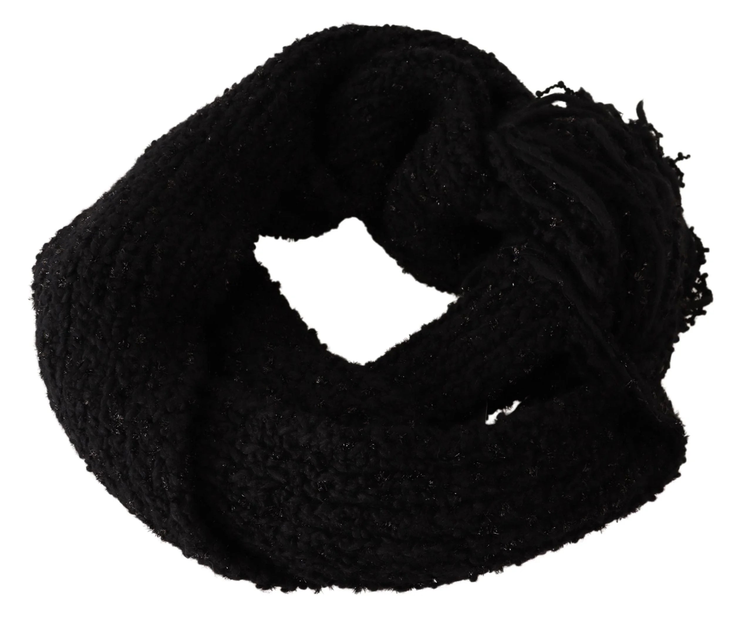 Profil latéral de l'écharpe en tricot noir AmeOro, sélectionnée par Dolce & Gabbana, soulignant le poids et la texture importants.