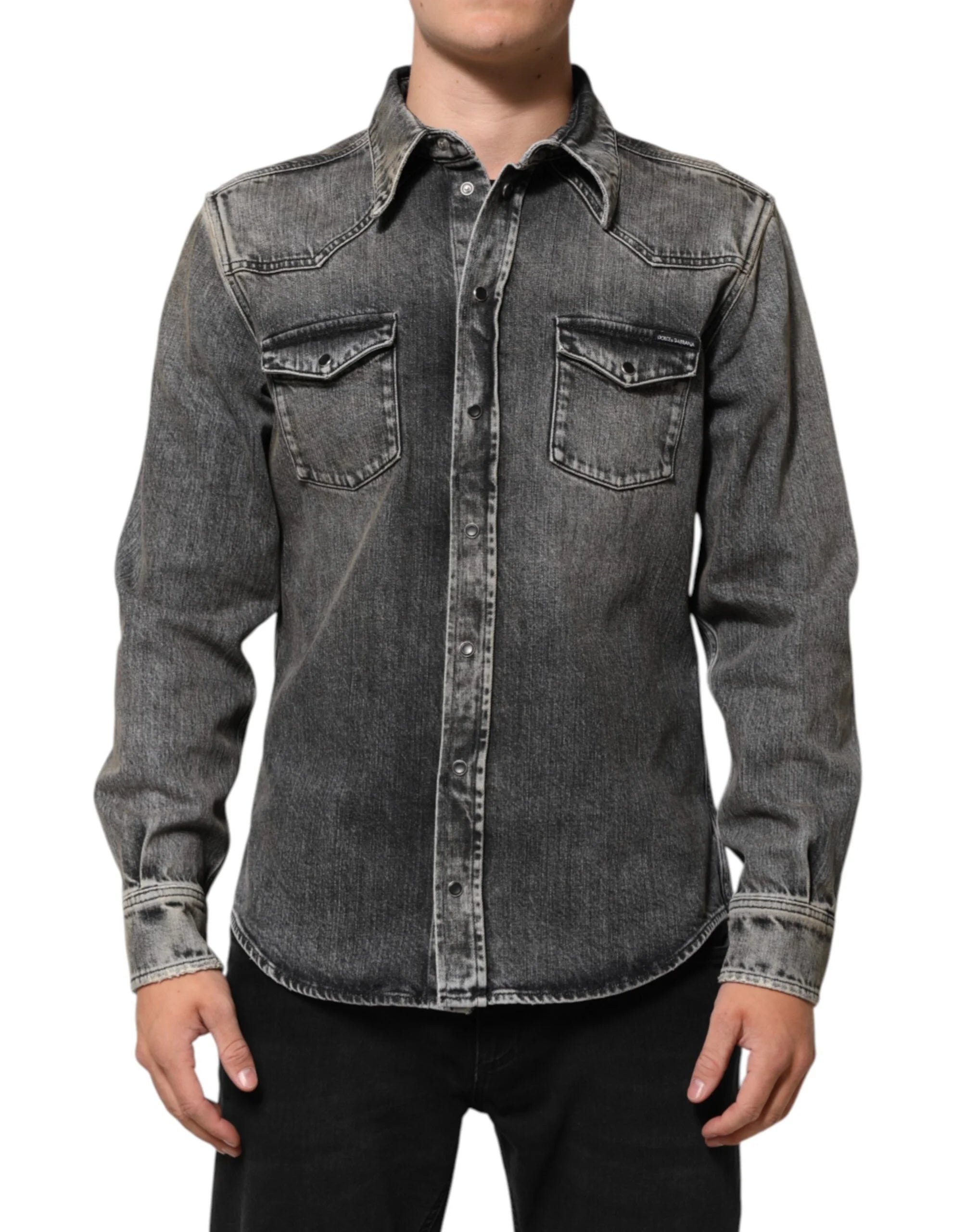 Dolce & Gabbana Black Washed Cotton Snap Long Sleeve Casual Shirt - 40 - Shirts
