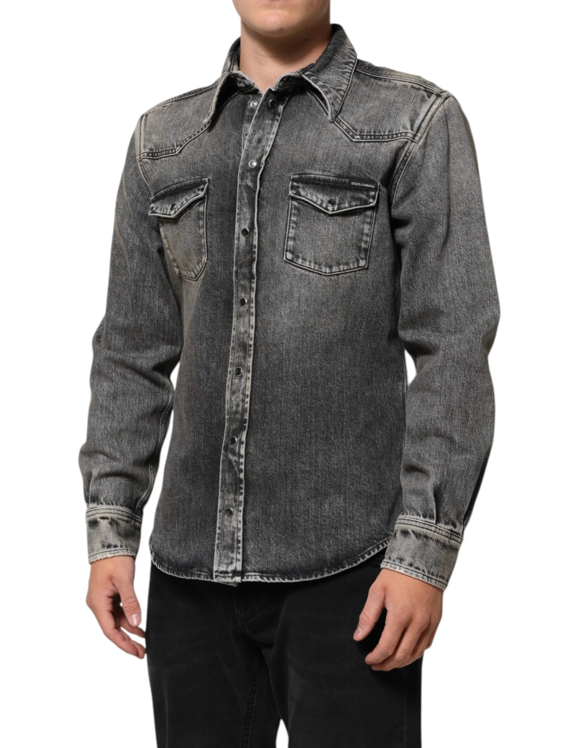 Dolce & Gabbana Black Washed Cotton Snap Long Sleeve Casual Shirt - 40 - Shirts