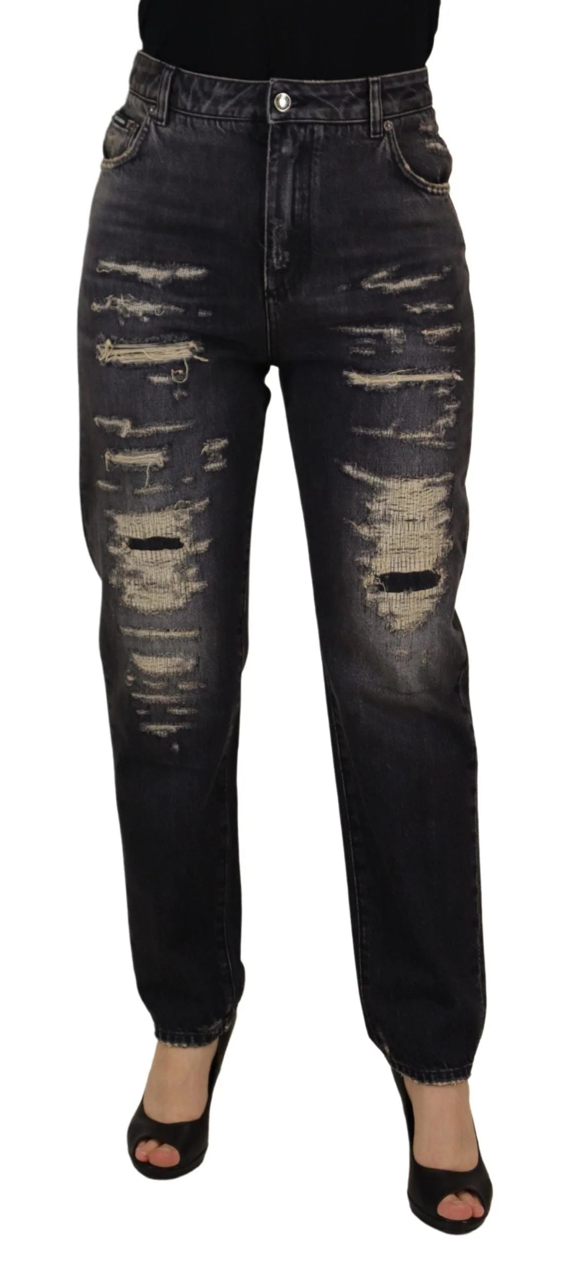 Dolce & Gabbana Black Washed Tattered High Waist Denim Jeans - IT40|S - Jeans