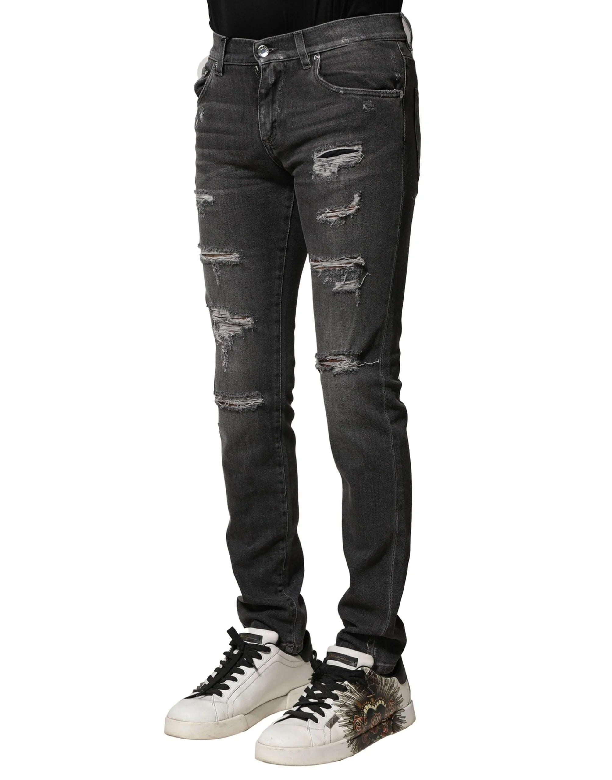 Dolce & Gabbana Black Washed Tattered Slim Fit Denim Jeans - IT44 | XS