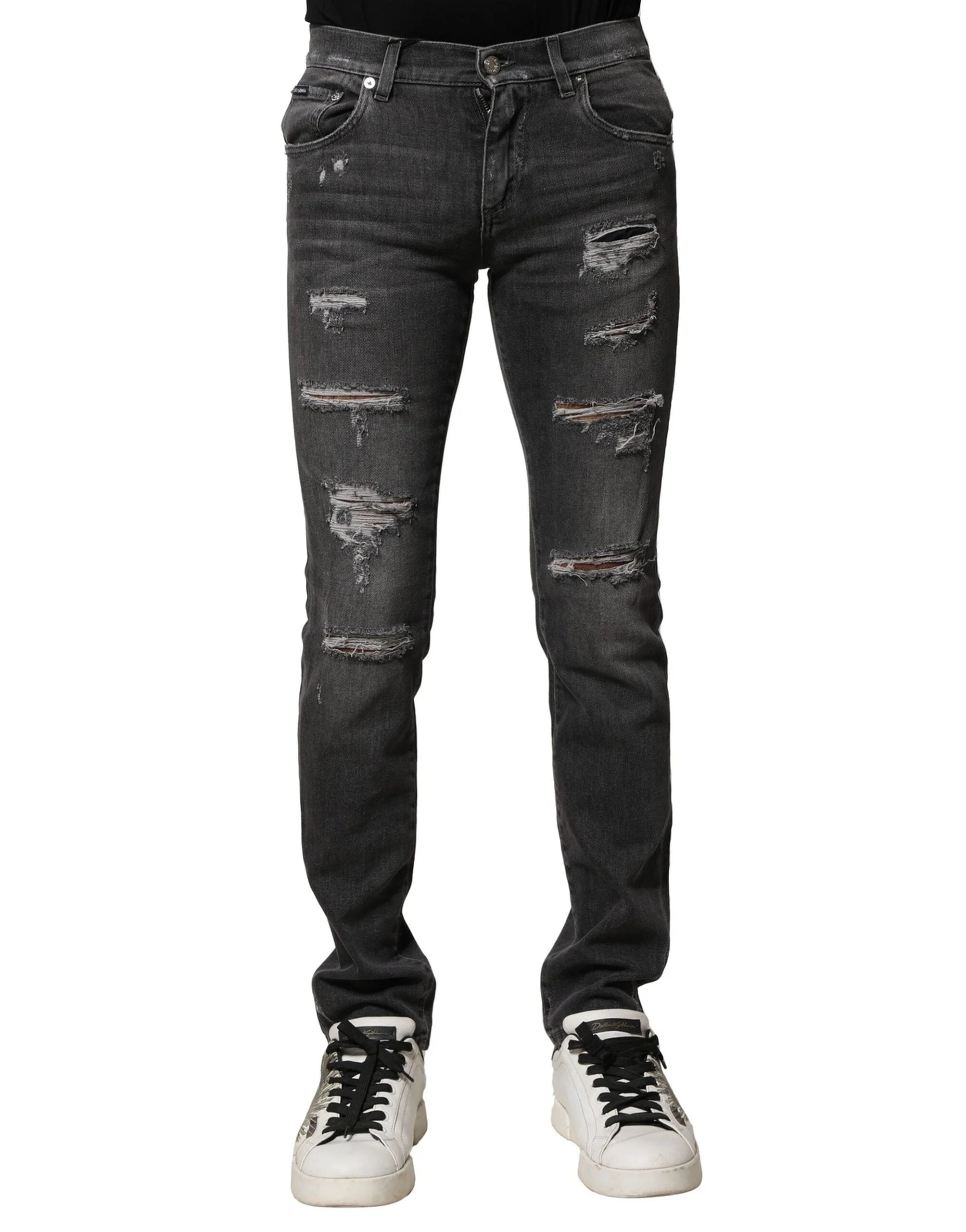 Dolce & Gabbana Black Washed Tattered Slim Fit Denim Jeans - IT44 | XS