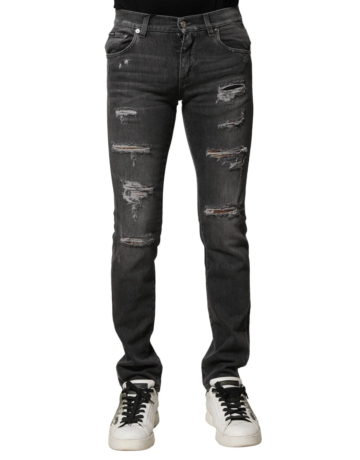 Dolce & Gabbana Black Washed Tattered Slim Fit Denim Jeans - IT44 | XS